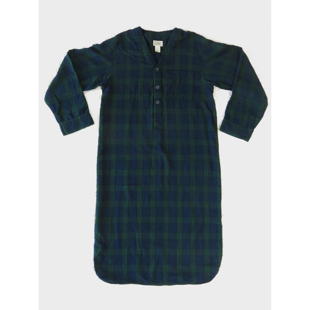 LL Bean Mens Flannel Nightshirt Black Watch Plaid Cotton Sleepwear Small Soft